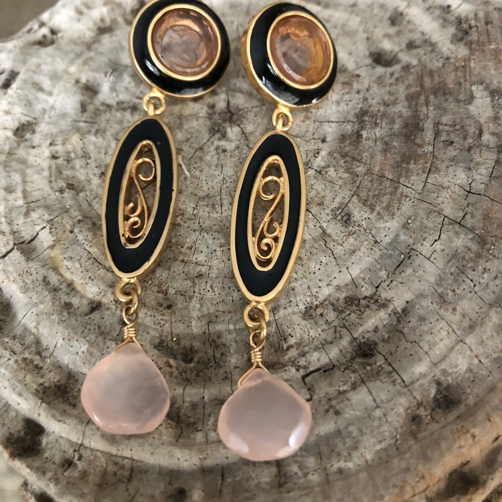 Rose quartz intaglio and enamel earrings